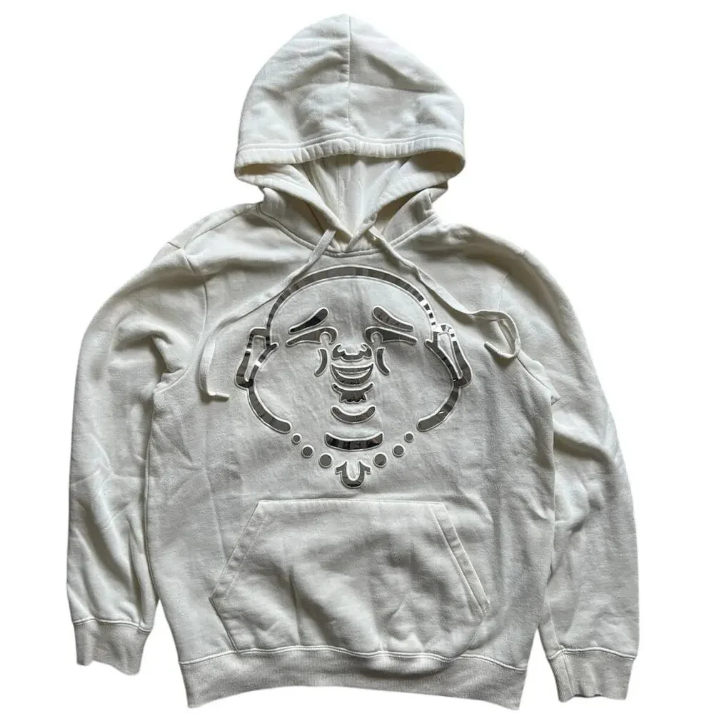 True Religion Y2K Buddha Hoodie Sweatshirt Small White Cotton Blend